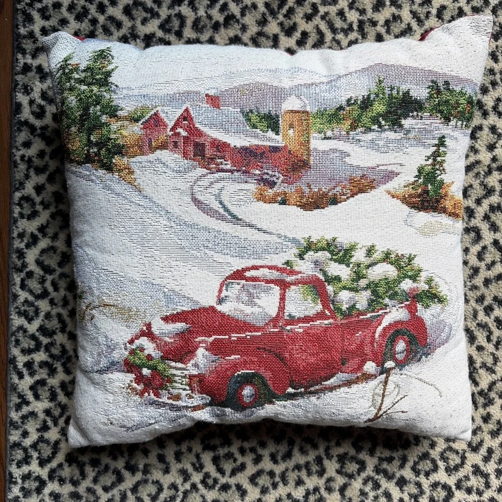 Christmas Pillow‎ Tapestry Red Pickup Truck Snow Farmhouse Winter Cottage 15x15